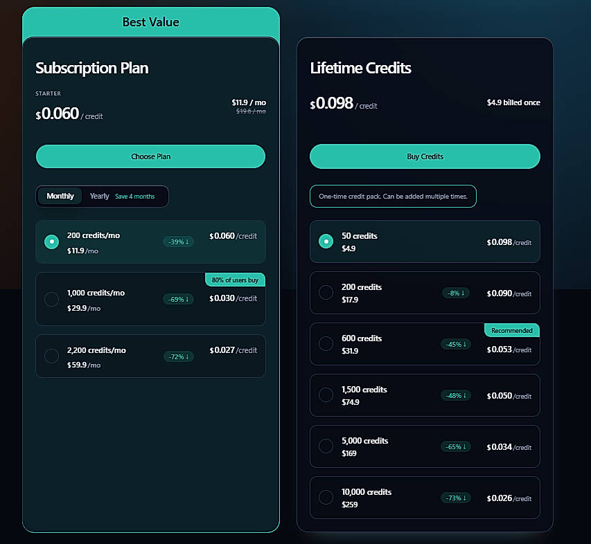 Pricing screenshot