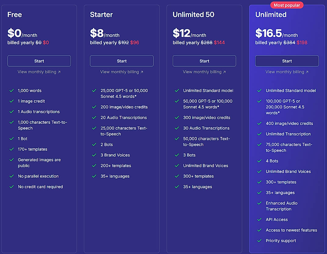 Pricing screenshot