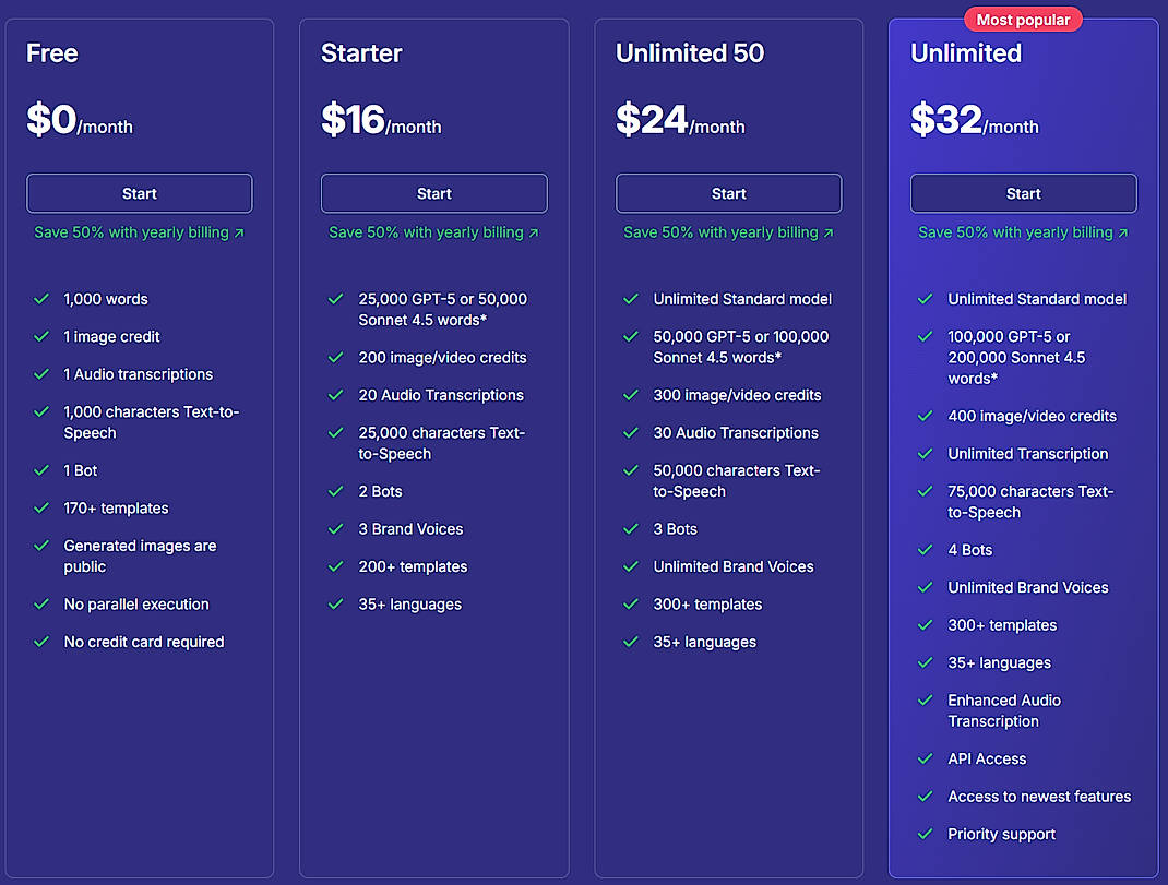 Pricing screenshot