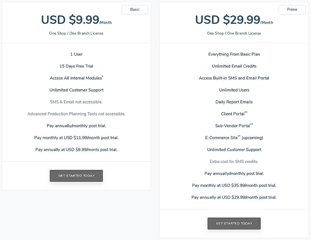 Pricing screenshot