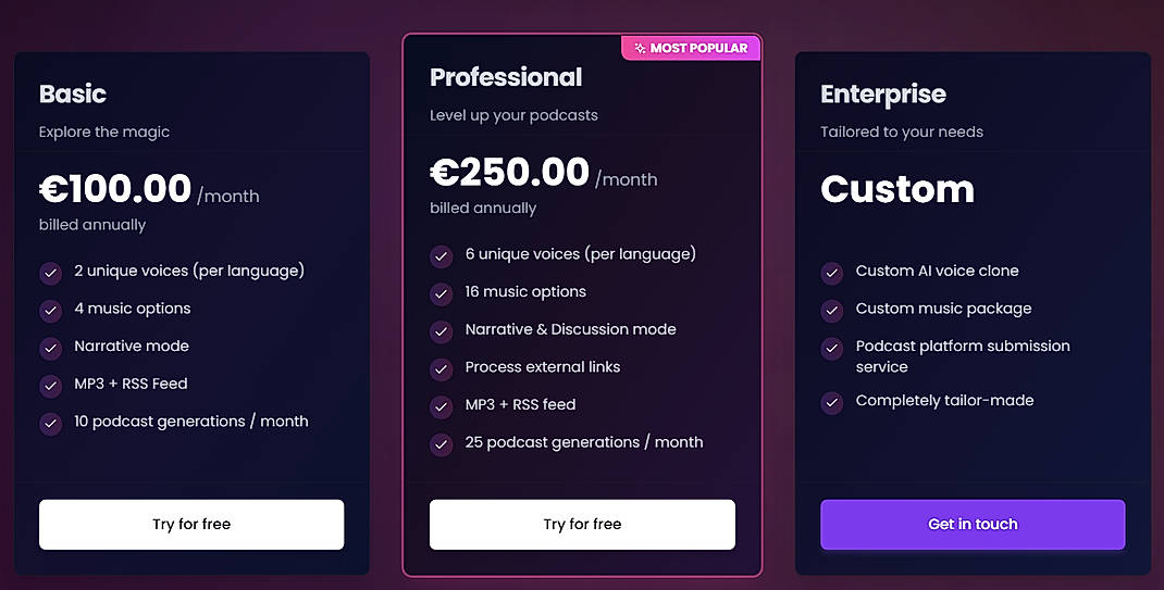Pricing screenshot