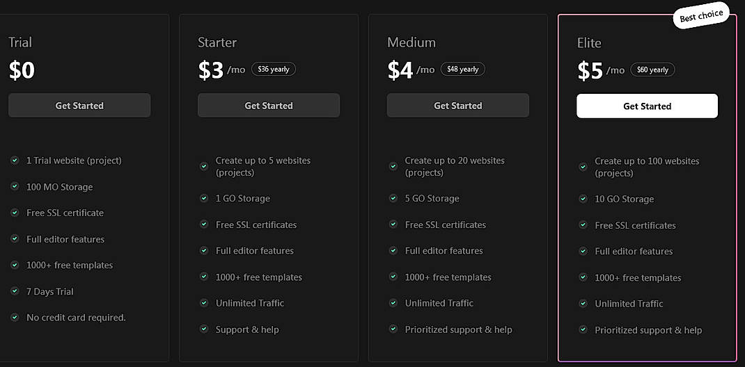Pricing screenshot