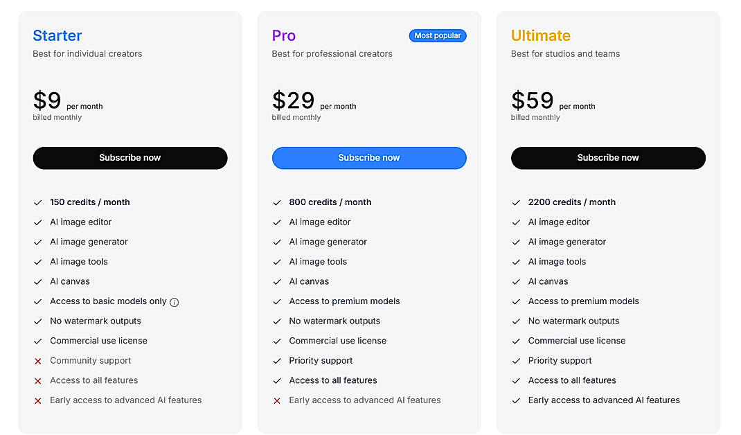 Pricing screenshot