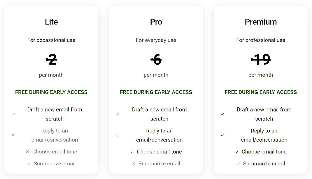Pricing screenshot
