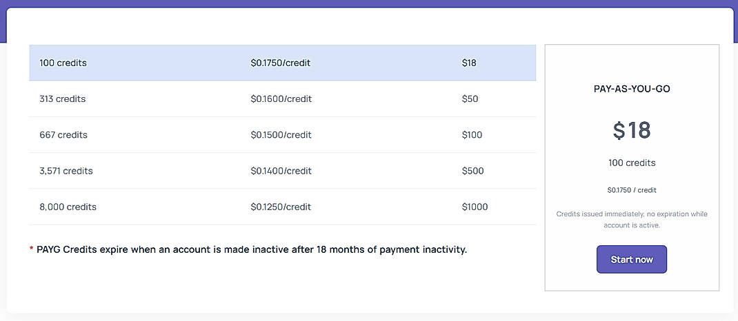 Pricing screenshot