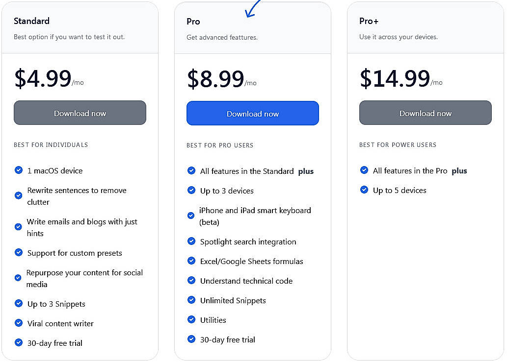 Pricing screenshot