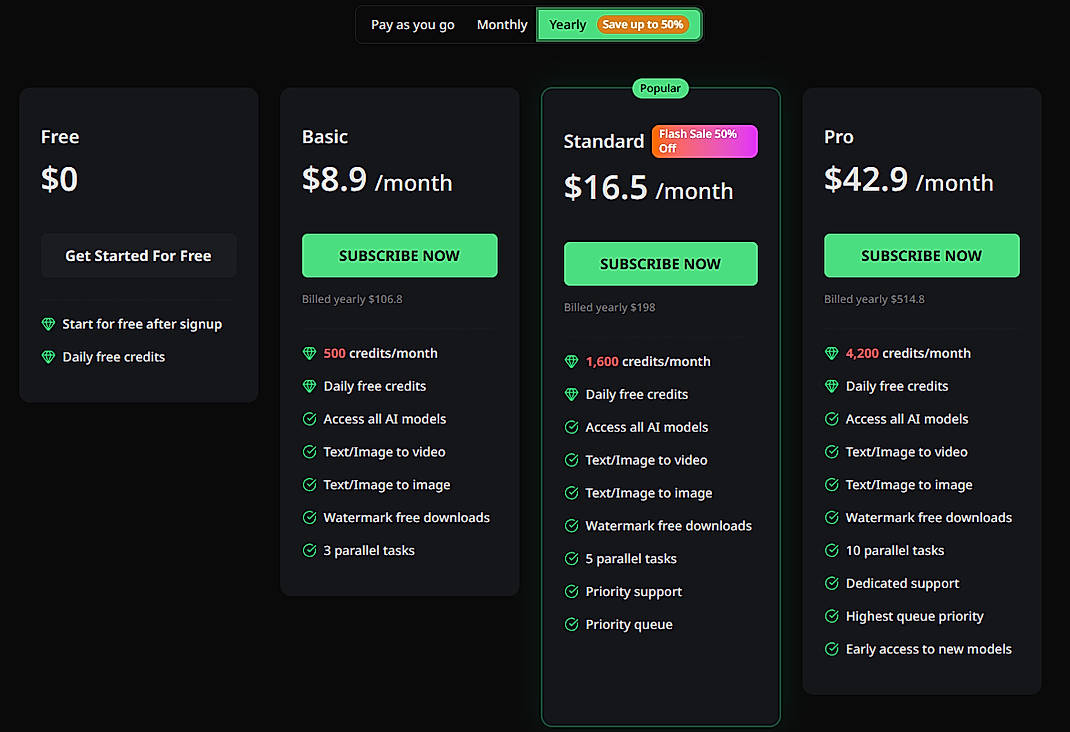 Pricing screenshot