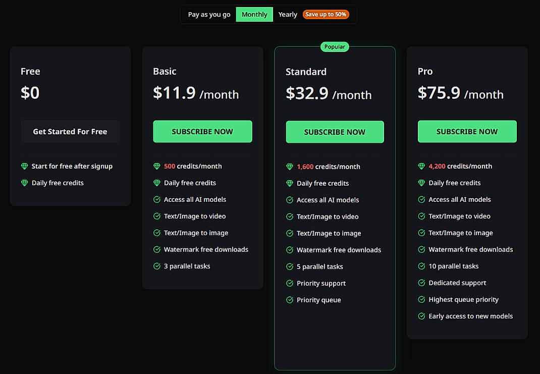 Pricing screenshot