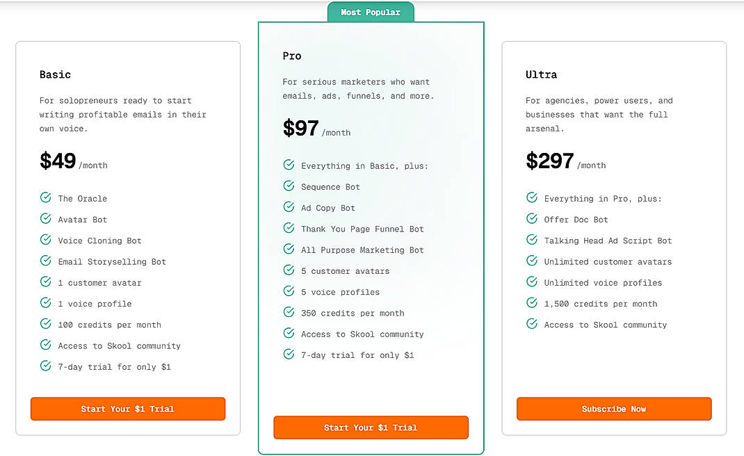Pricing screenshot