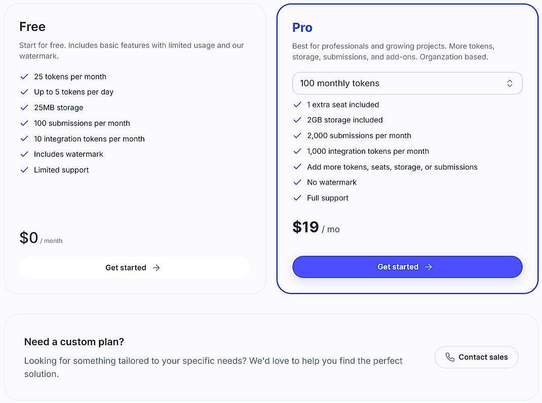 Pricing screenshot