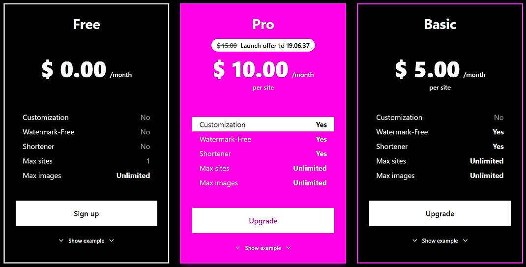 Pricing screenshot