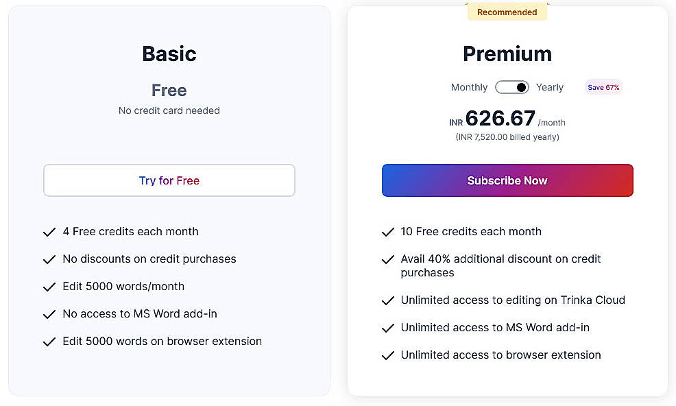 Pricing screenshot