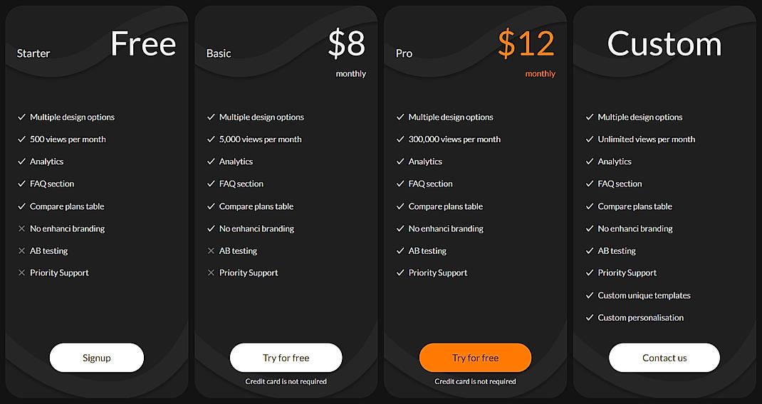 Pricing screenshot