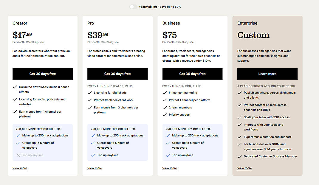 Pricing screenshot