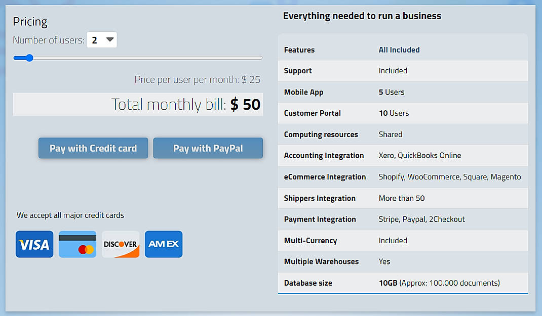 Pricing screenshot