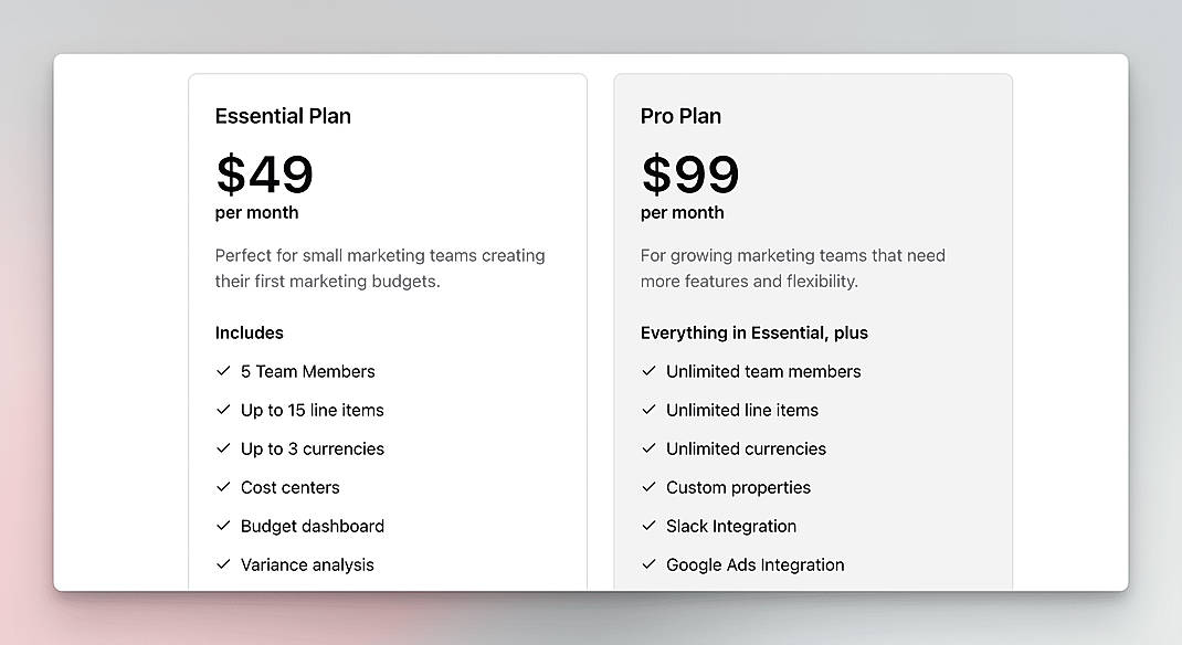 Pricing screenshot