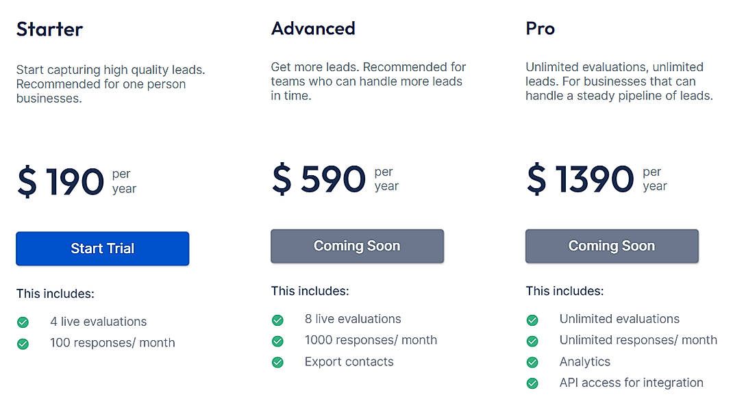 Pricing screenshot