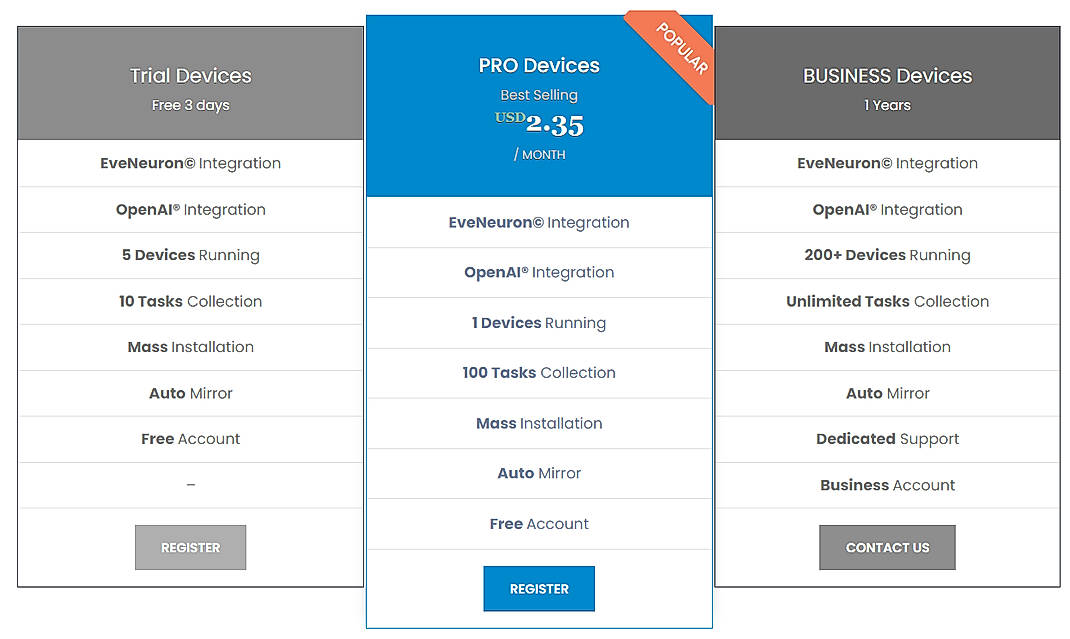 Pricing screenshot