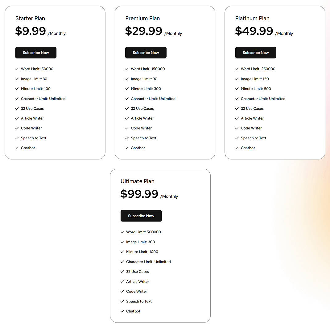 Pricing screenshot
