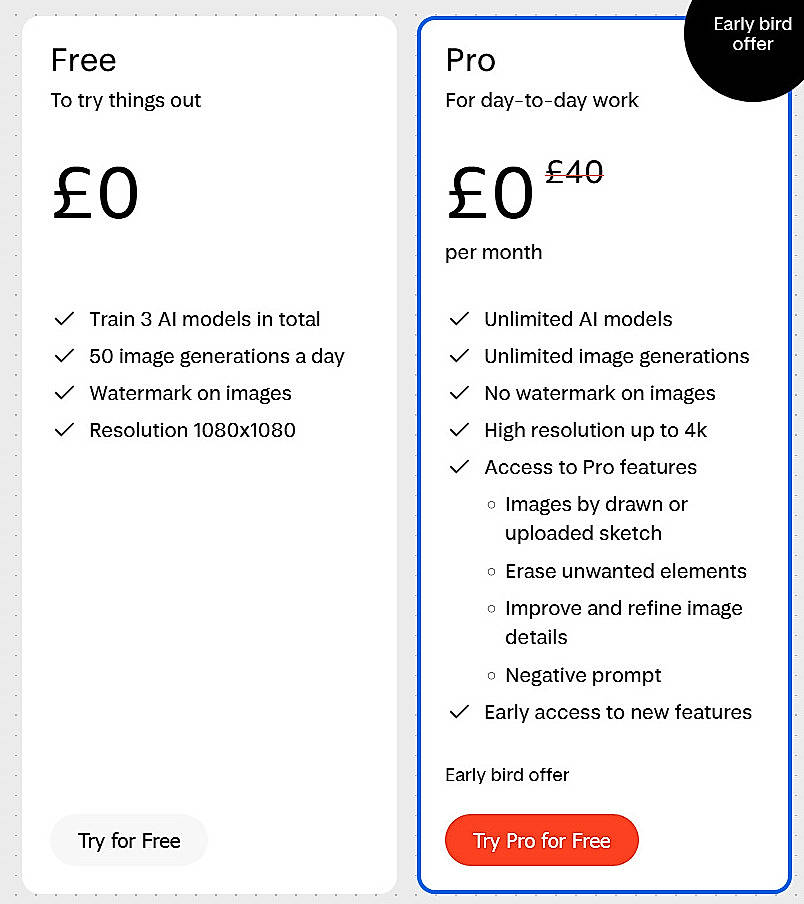 Pricing screenshot