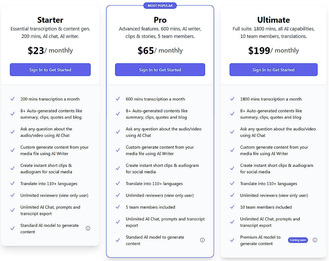 Pricing screenshot