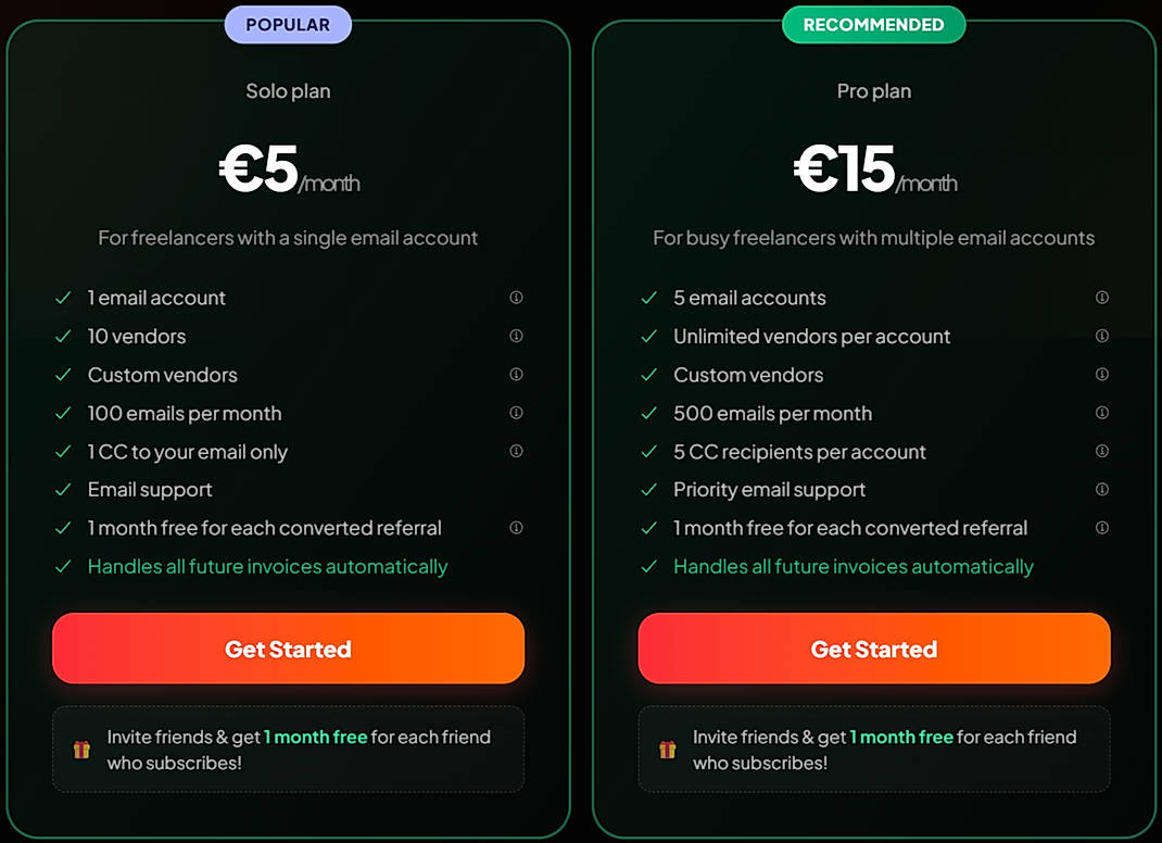 Pricing screenshot