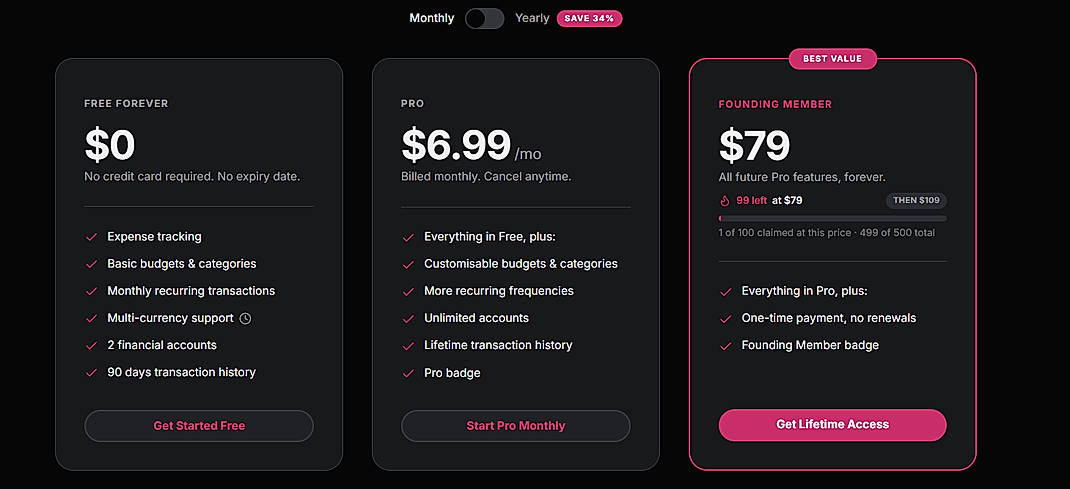 Pricing screenshot