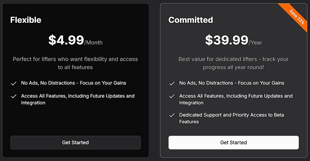 Pricing screenshot