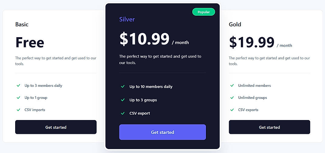 Pricing screenshot