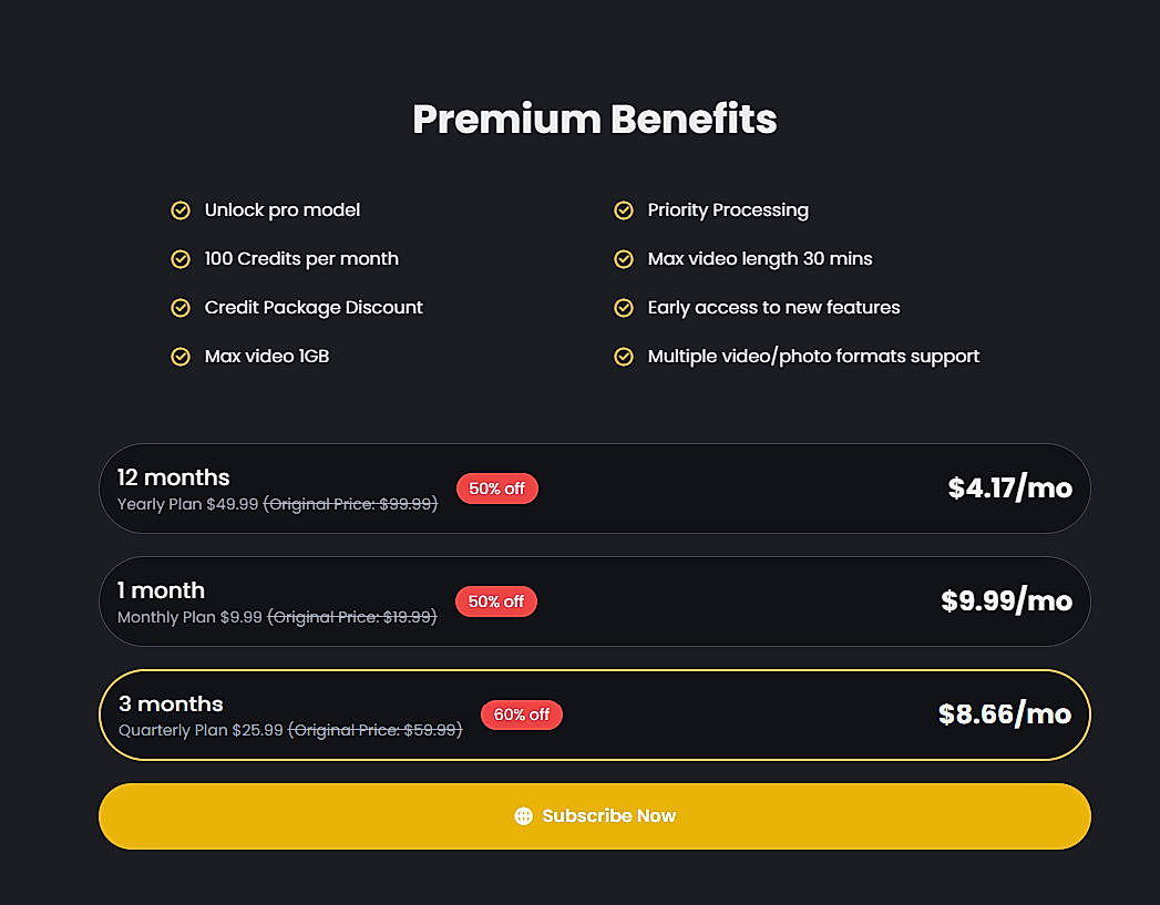 Pricing screenshot