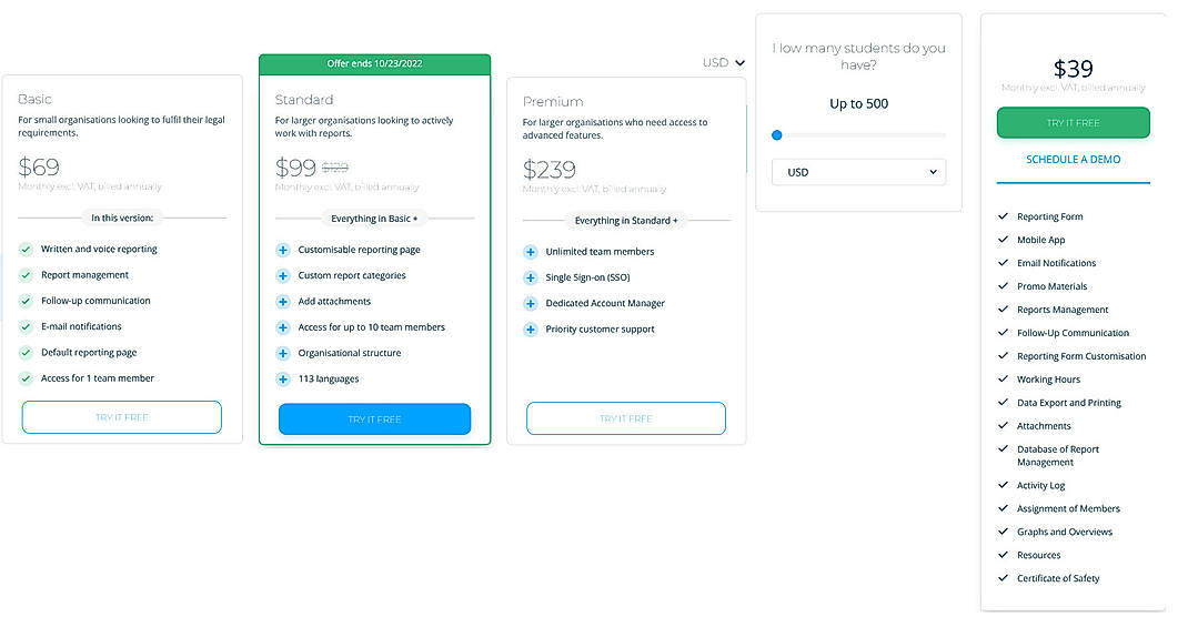 Pricing screenshot