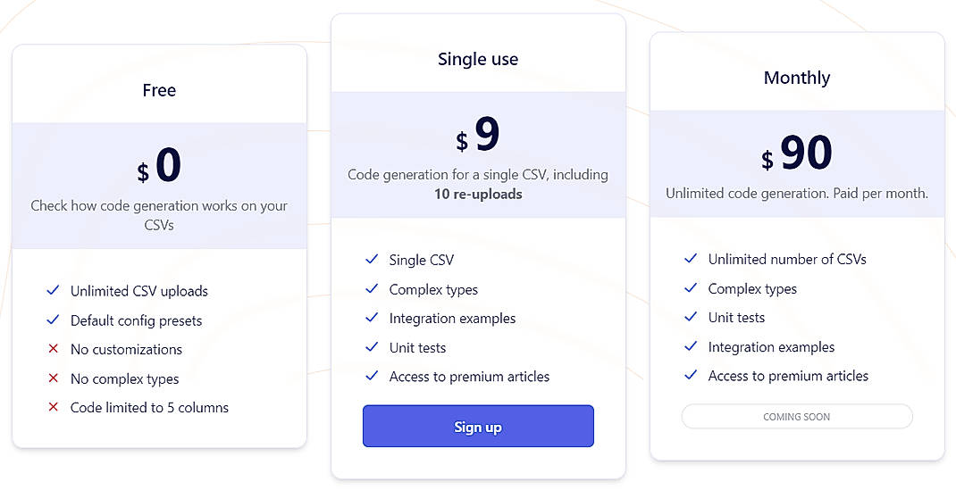 Pricing screenshot