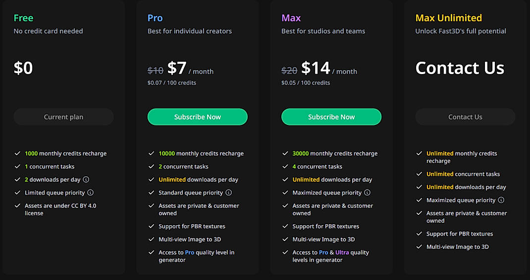 Pricing screenshot