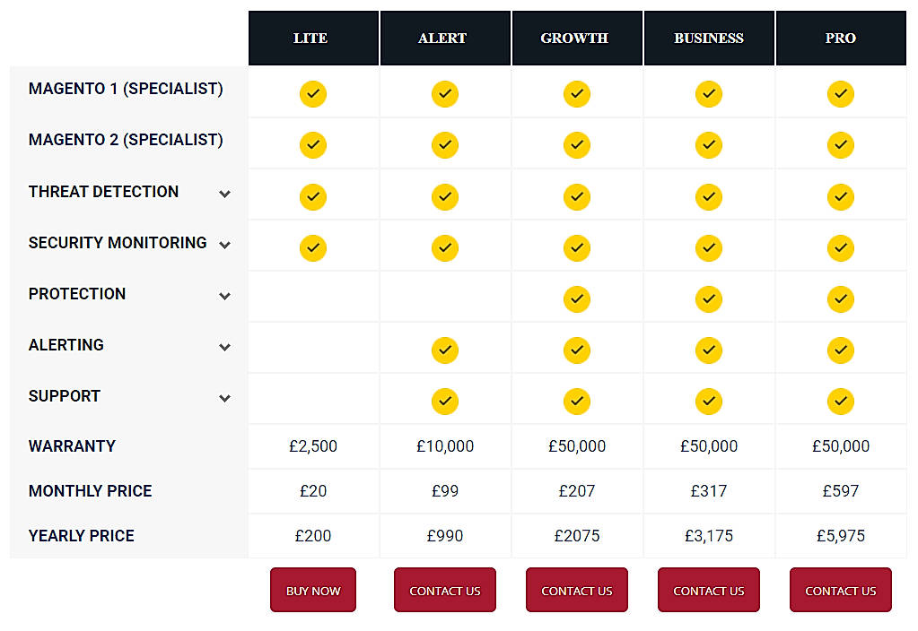 Pricing screenshot