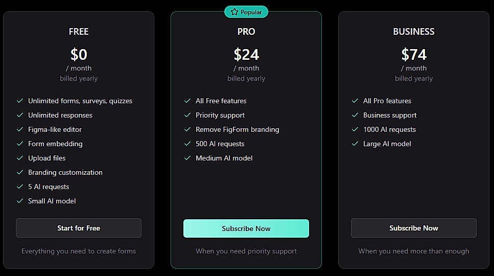 Pricing screenshot