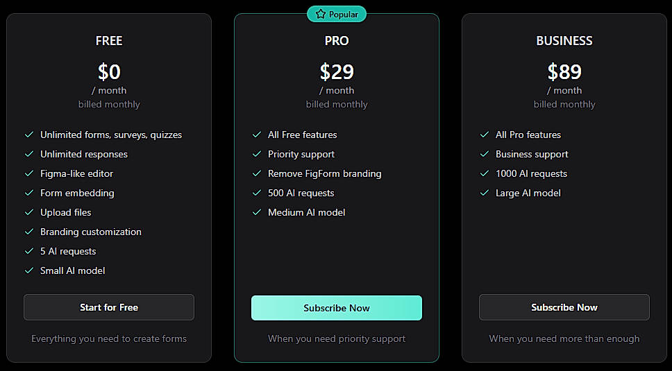 Pricing screenshot