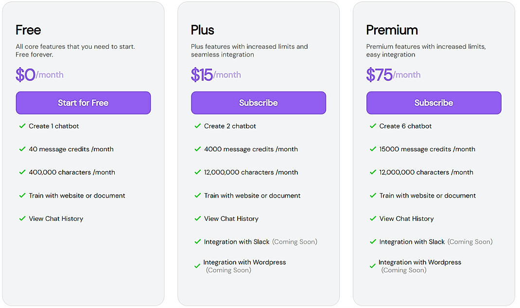 Pricing screenshot