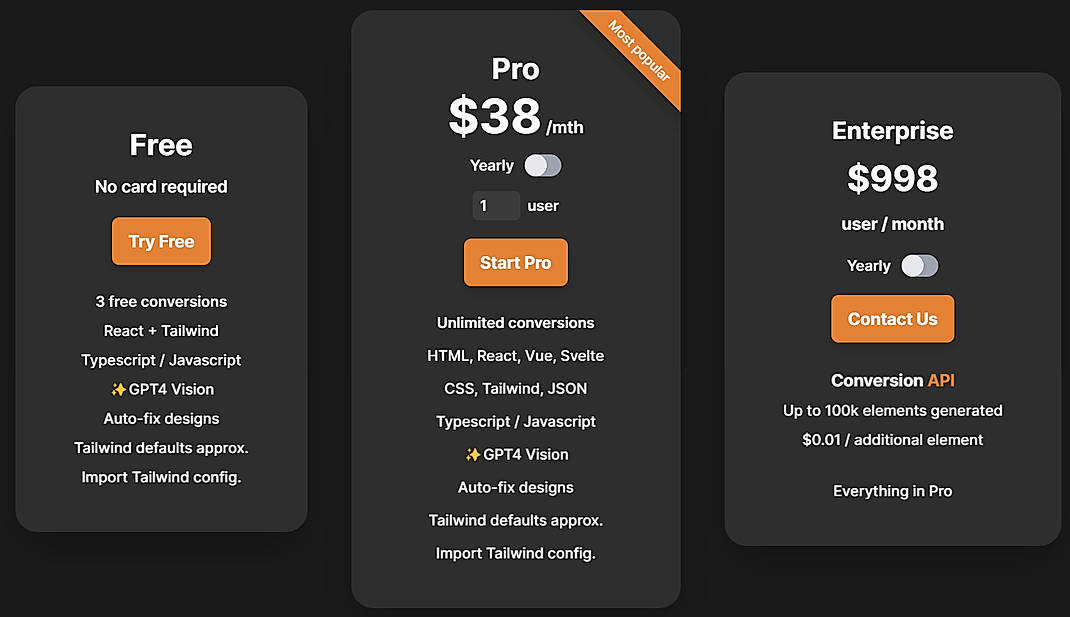 Pricing screenshot