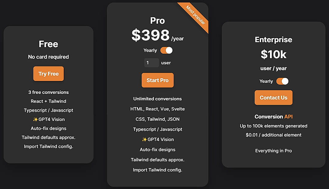 Pricing screenshot