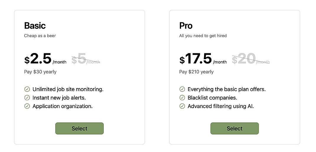Pricing screenshot