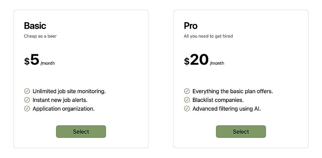 Pricing screenshot