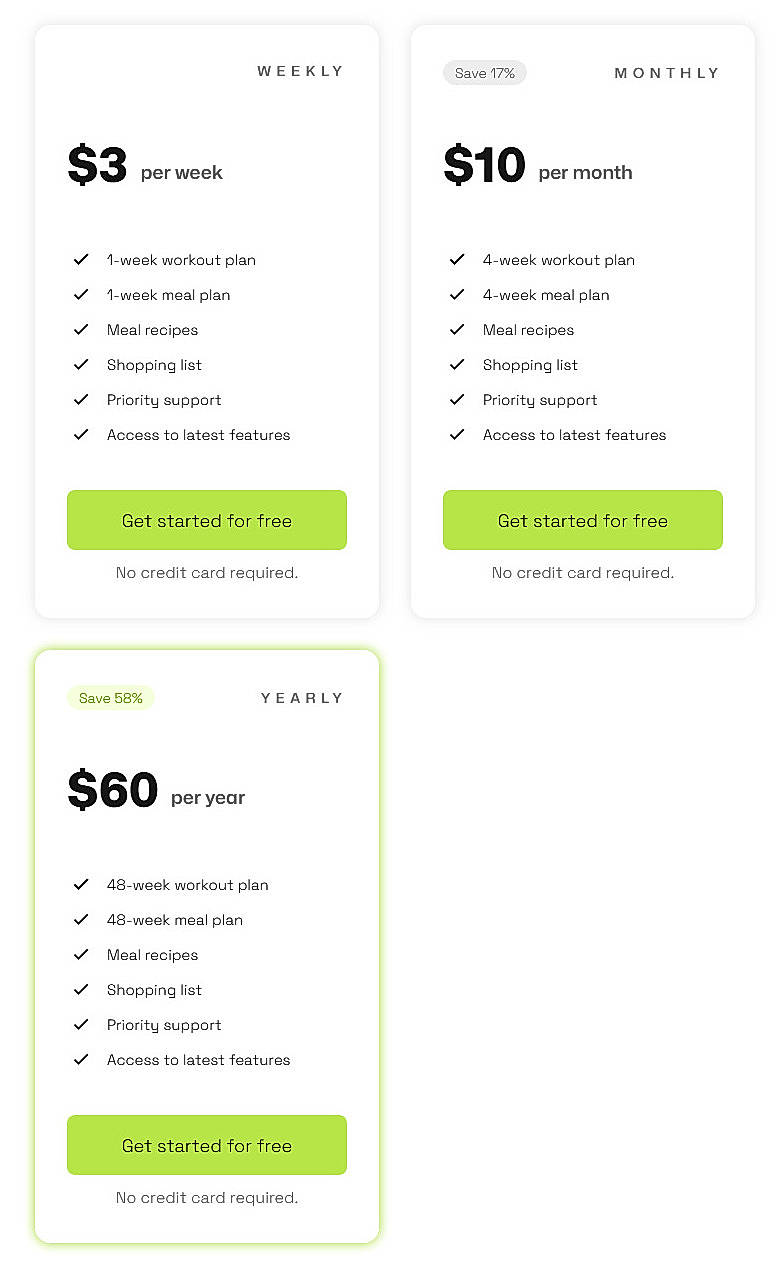 Pricing screenshot