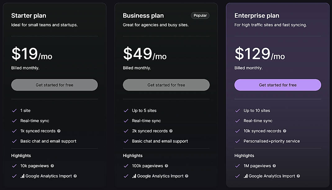 Pricing screenshot