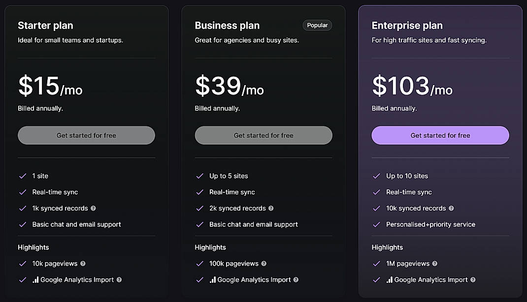Pricing screenshot