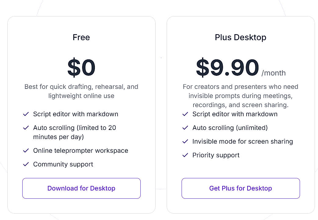 Pricing screenshot