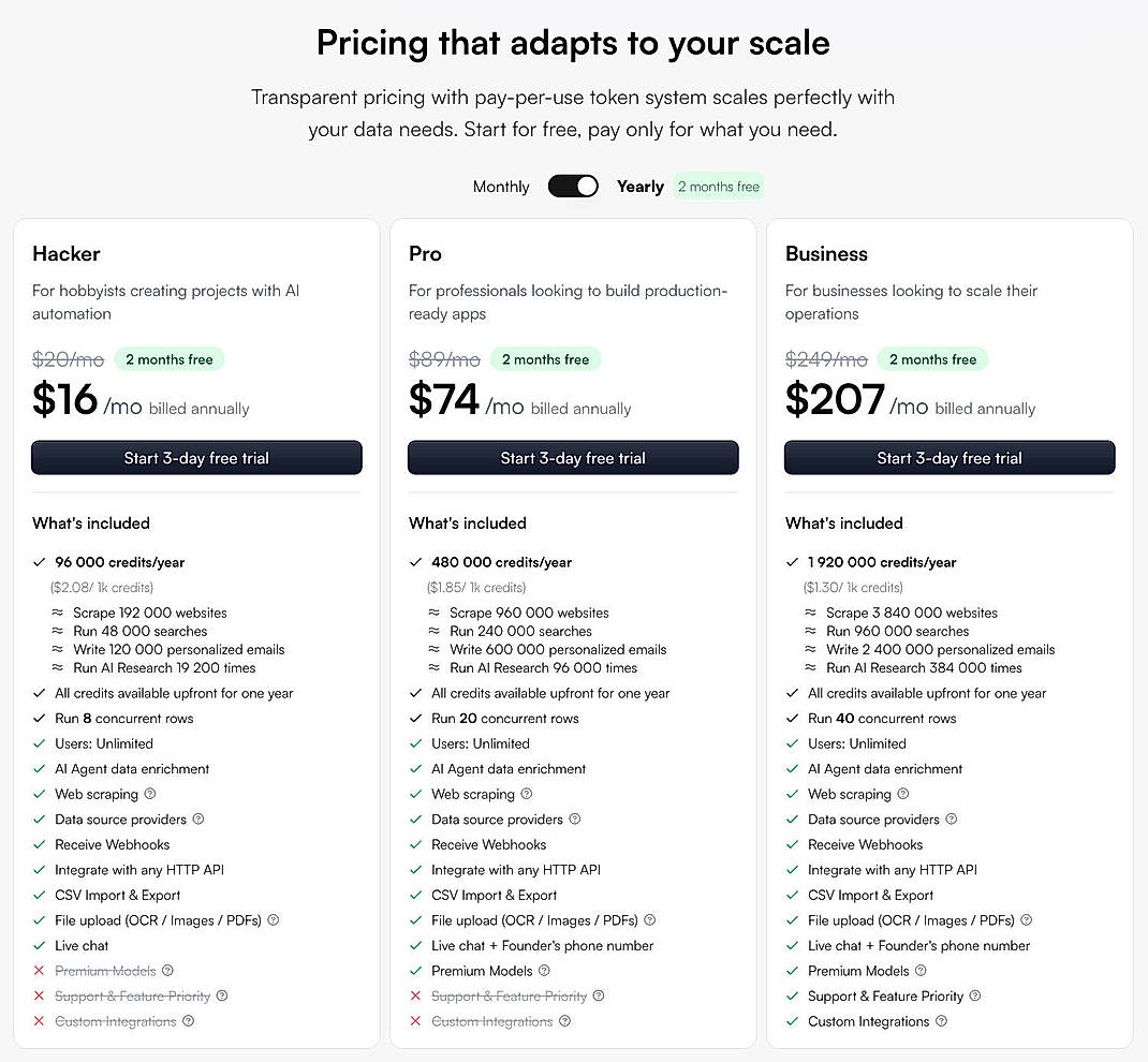 Pricing screenshot