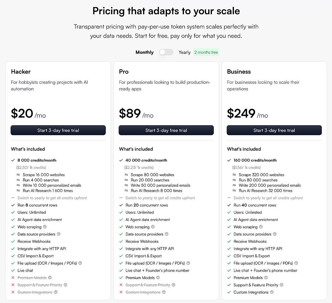Pricing screenshot