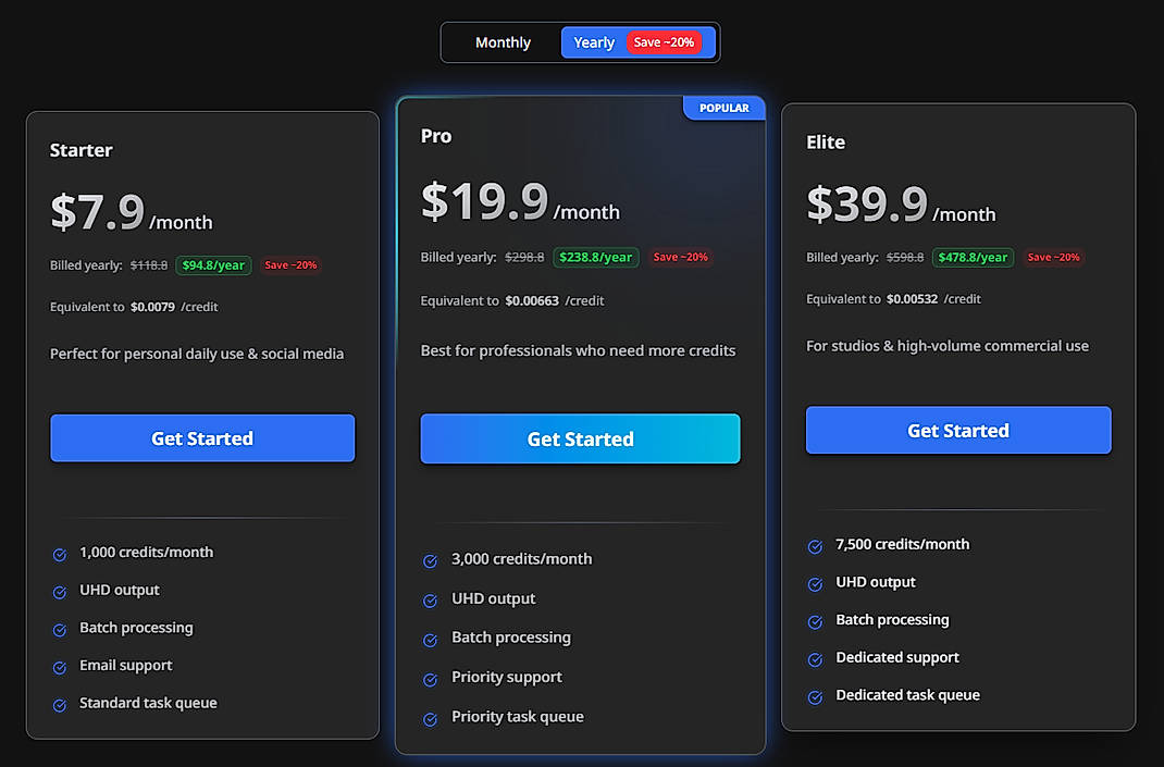 Pricing screenshot