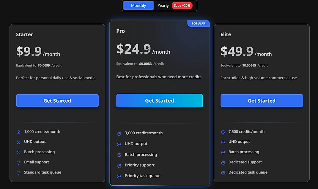 Pricing screenshot