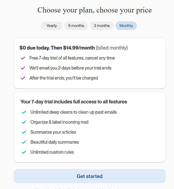 Pricing screenshot